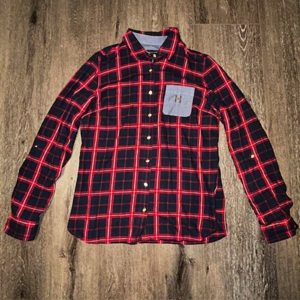 Tommy Hilfiger Shirt Womens Size Medium Red Black Plaid Button Up Long Sleeve